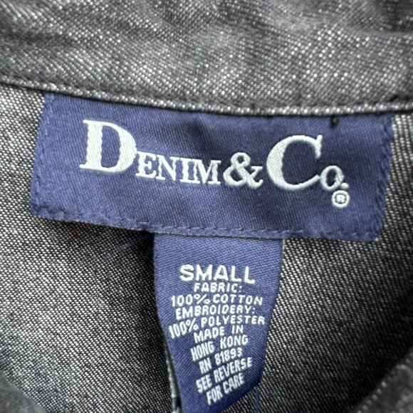 Denim & Co Womens Floral Embroidered Charcoal Gray Button-Up Denim Jacket New S - Picture 2 of 9